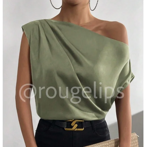 Army Green Satin Draped Asymmetrical Blouse Top Off One Shoulder - Picture 1 of 13